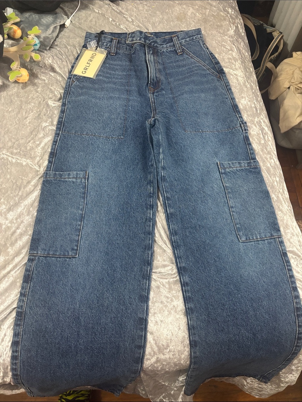 GRLFRND Carpenter Wide-Leg Jeans in Blue Denim
